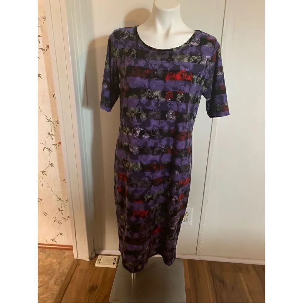 LuLaRoe Women's Striped Disney Short Sleeve T-Shirt Dress Purple Black Size XL